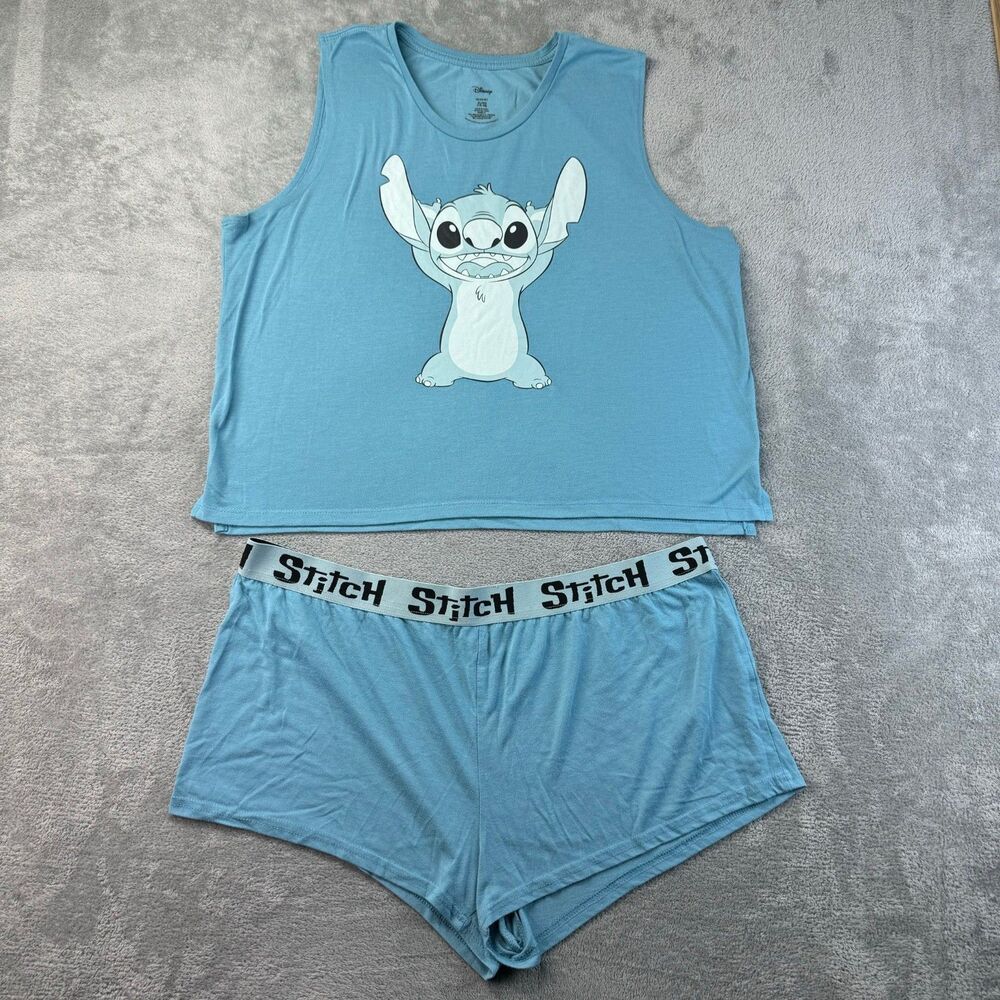Disney Stitch Pajamas Set Women's Extra Large 16-18 Blue Top Shorts Soft Stretch